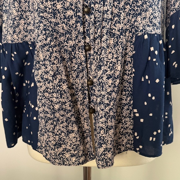 Anthropologie Navy and White Mixed-Print Crochet Yoke Blouse - Picture 4 of 9